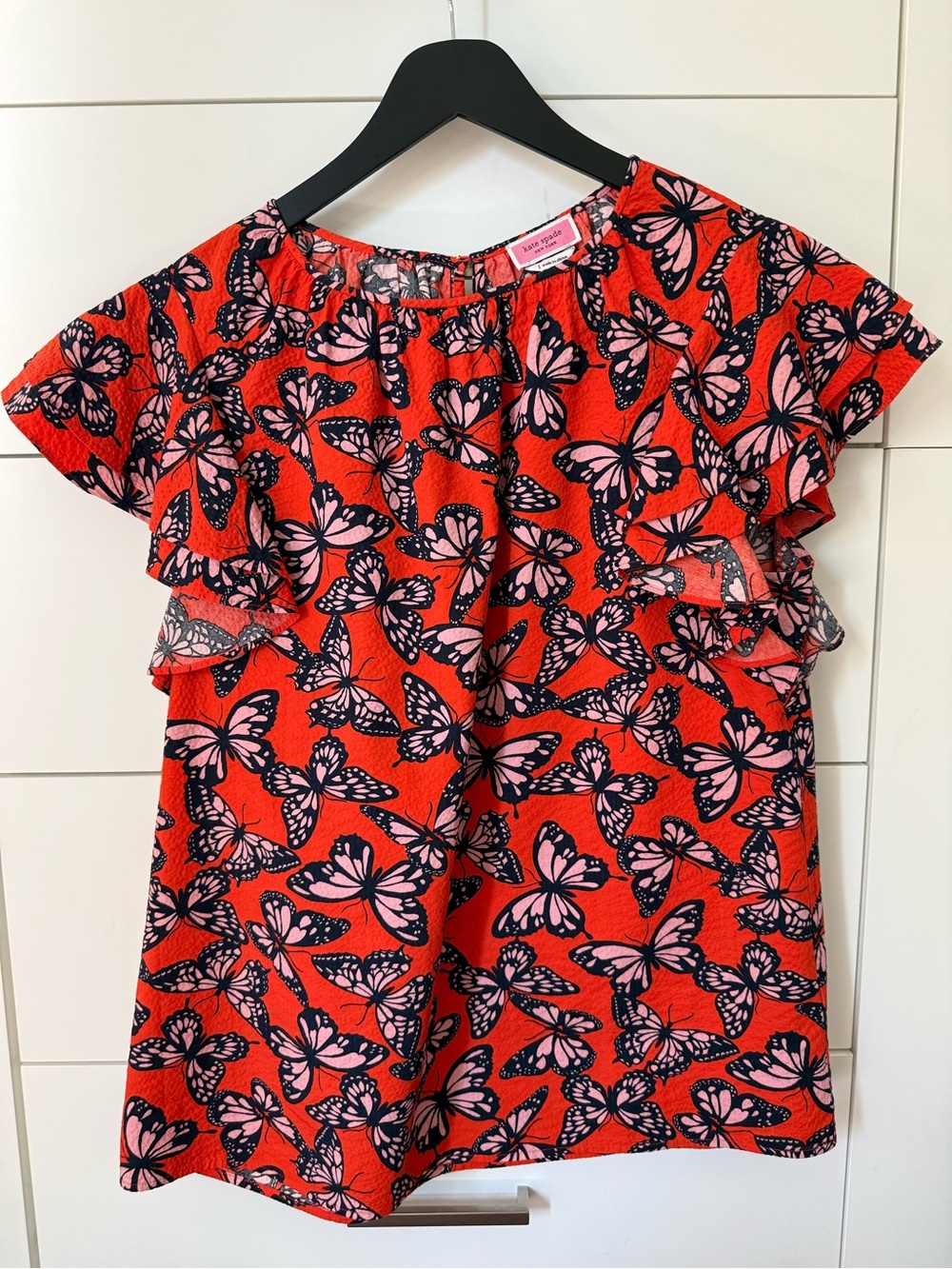 kate spade Red Butterfly Print Ruffle Sleeve Top - Picture 2 of 3